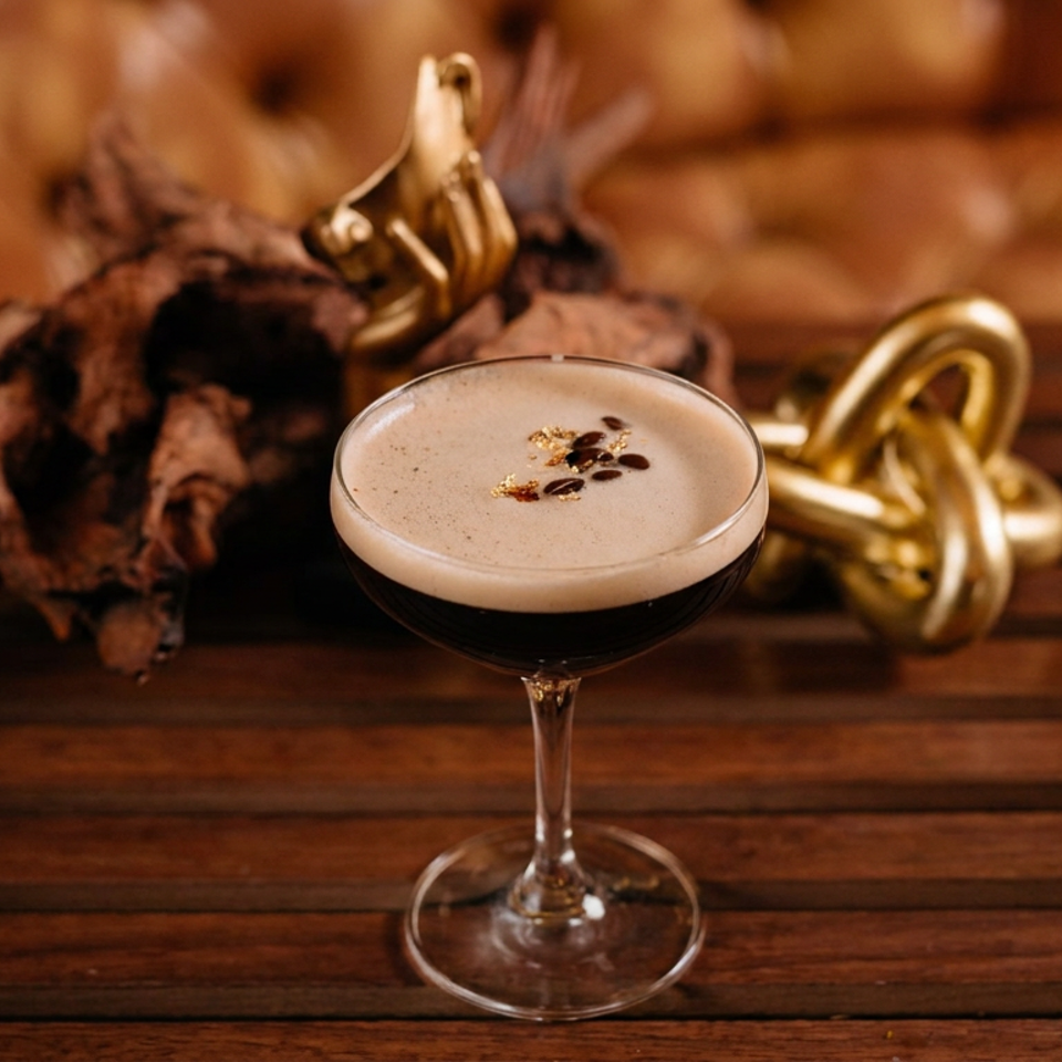 Foamy dark cocktail garnished with coffee beans and gold flakes, presented on a wooden table beside driftwood and brass decor.