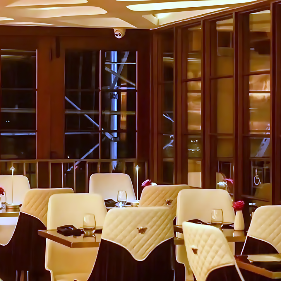 Elegant restaurant dining room with cream quilted chairs, set tables, wine glasses, and dark wood-paneled windows.