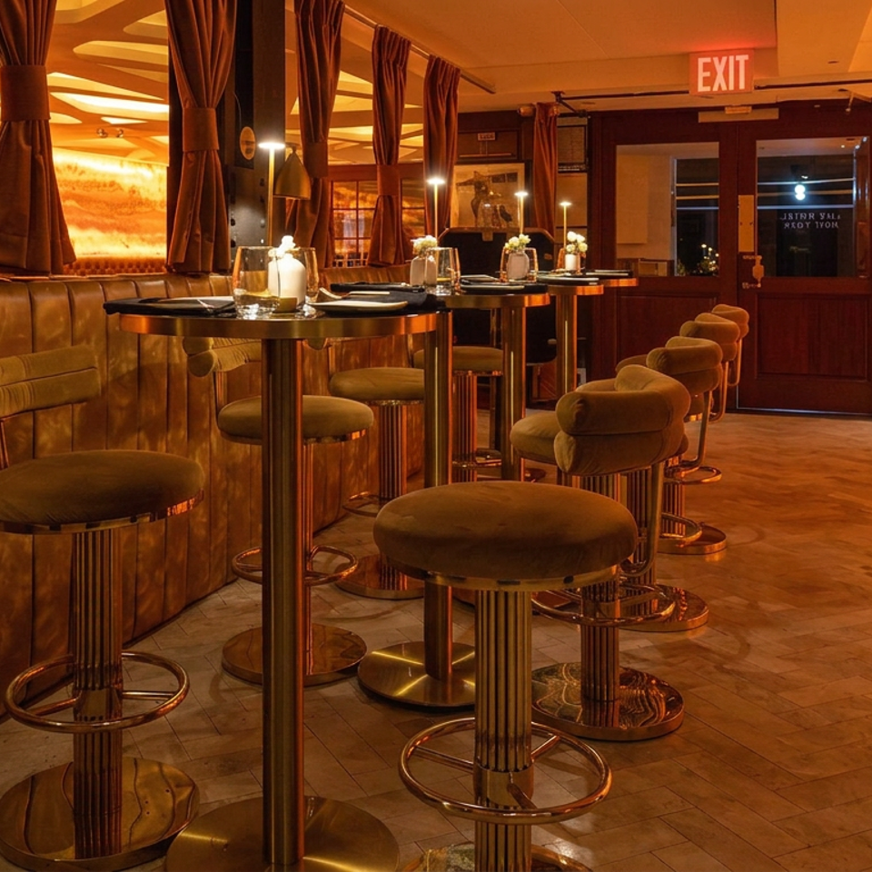 Warmly lit restaurant interior with velvet booths, marble walls, candlelit tables, and rows of upholstered bar stools.