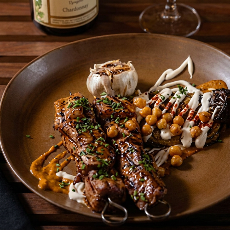 Glazed grilled meat skewers with roasted garlic, chickpeas, vegetables, sauces, and herbs on a brown plate beside white wine.