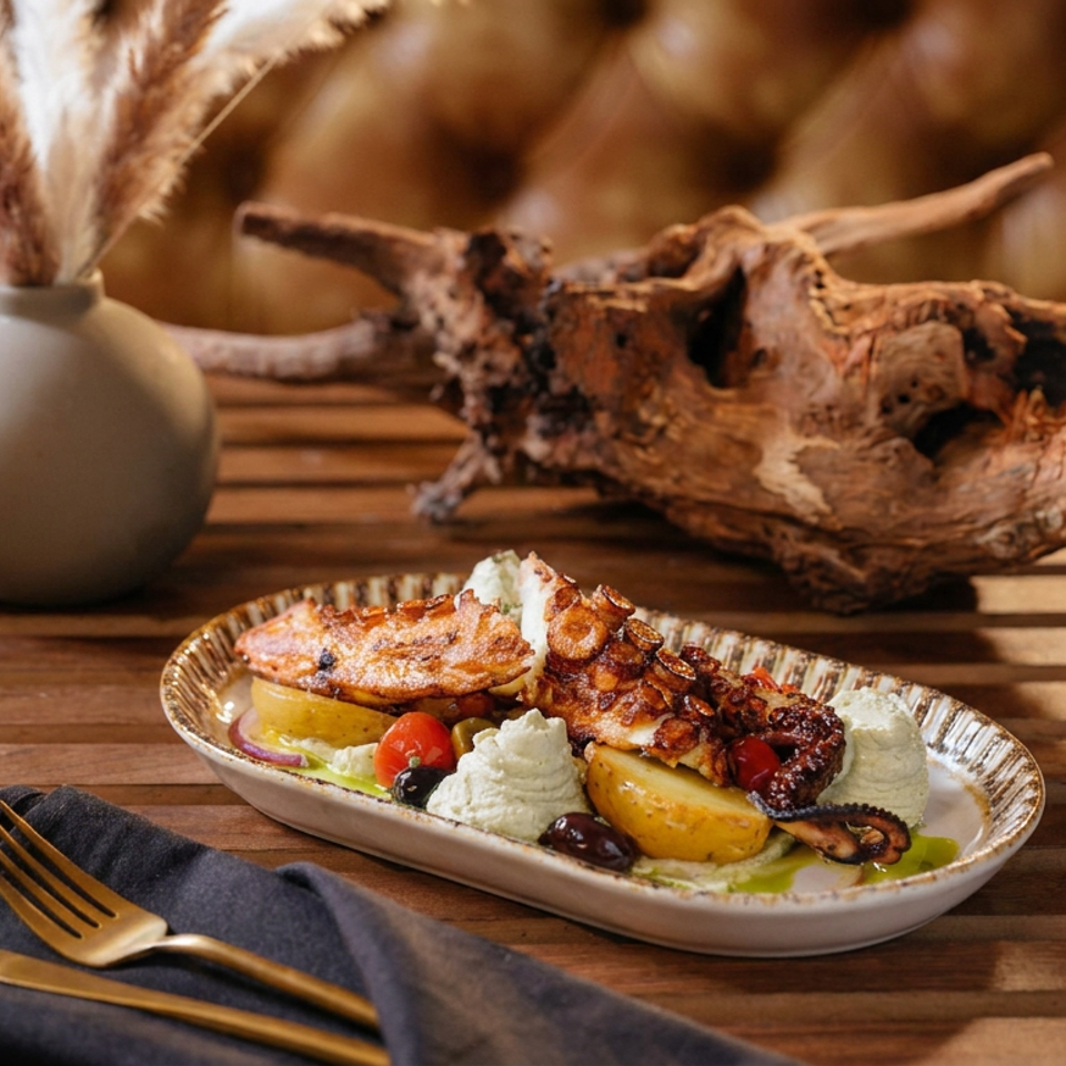 Grilled octopus with lemon, tomatoes, olives, and creamy sauce on an oval plate atop a rustic wooden table.