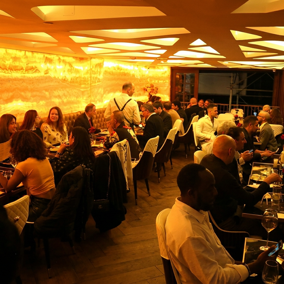 Busy upscale restaurant dining room filled with groups enjoying meals and drinks under warm amber lighting.