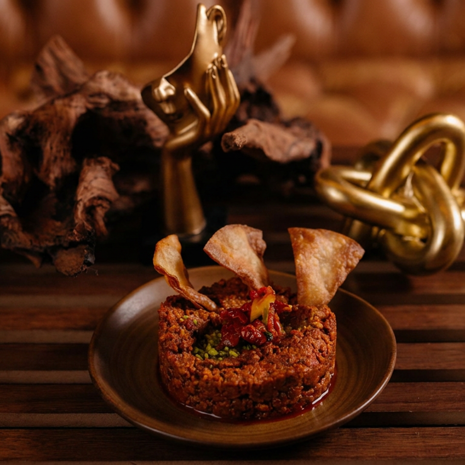 Spiced savory ring-shaped appetizer topped with chutney and crispy chips on a brown plate, beside driftwood and brass decor.