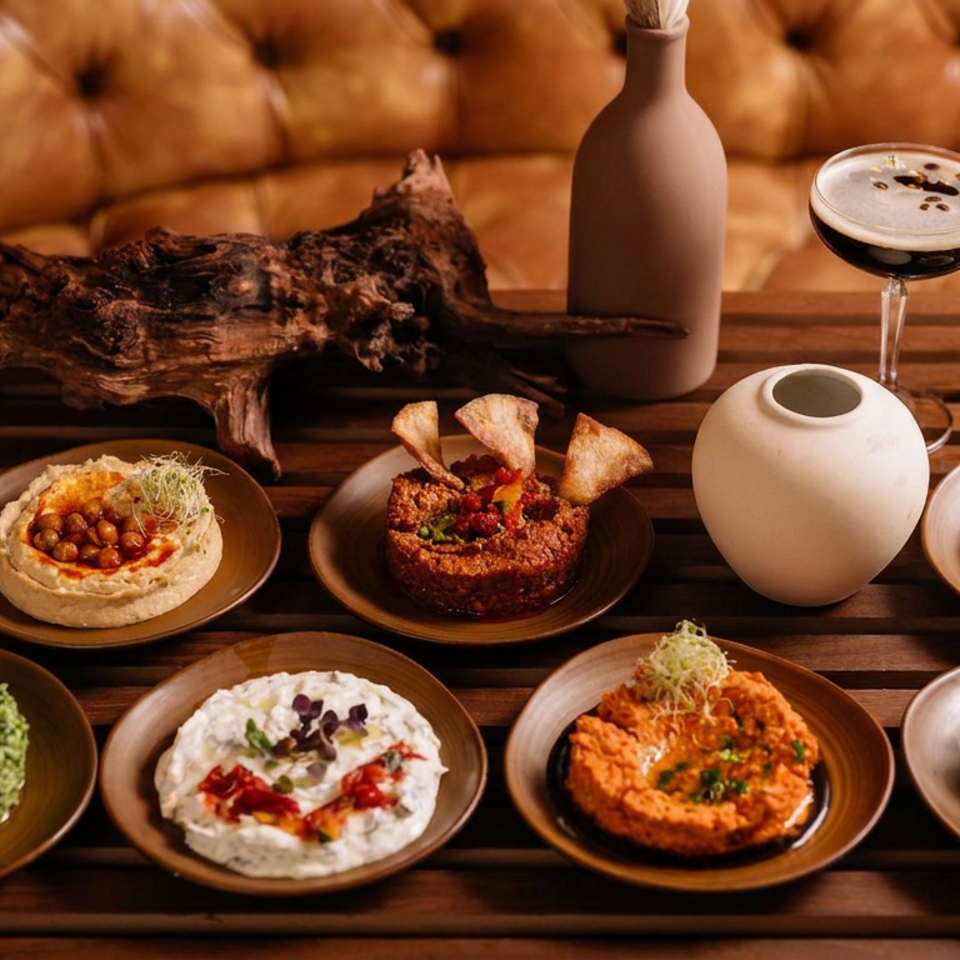 Assortment of colorful Middle Eastern-style dips and appetizers on ceramic plates, with cocktails and warm leather seating in the background.