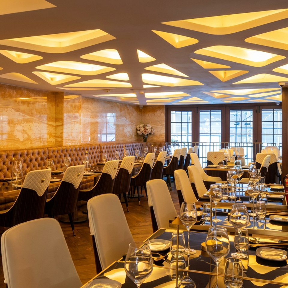 Elegant restaurant dining room with tufted leather banquettes, set tables, upholstered chairs, marble walls, and warm geometric ceiling lighting.