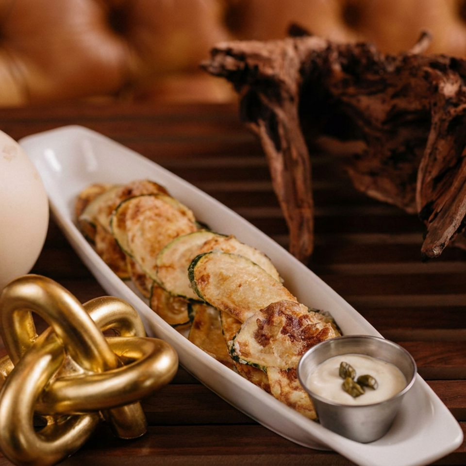 Grilled rolled flatbread served with dipping sauce on a white platter beside a white sphere and wooden sculpture.