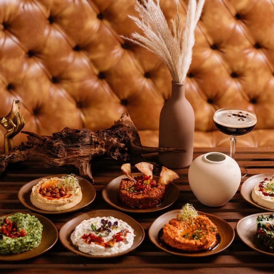 Assorted Middle Eastern dips and garnishes served on plates beside a cocktail, ceramic vase, and brass decor in a leather booth.