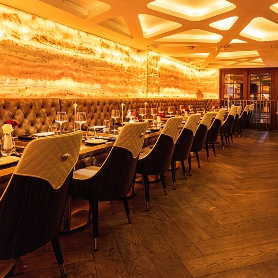 Upscale restaurant dining room with tufted banquettes, quilted chairs, set tables, glowing marble walls, and geometric ceiling lights.